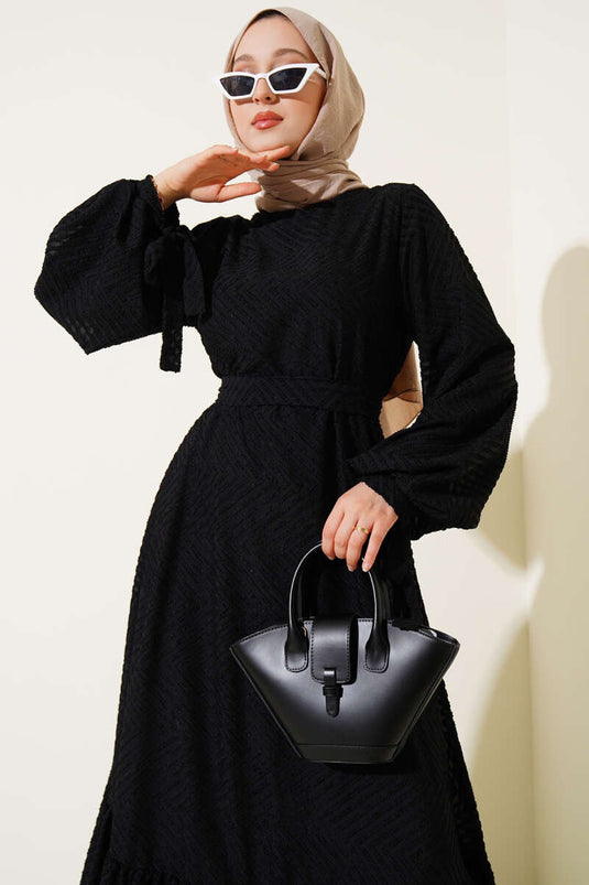 Embossed Ruffled Belted Dress, Black