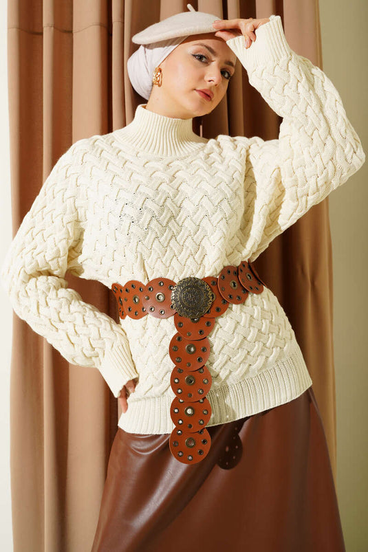 Pull en tricot à manches chauve-souris en relief écru