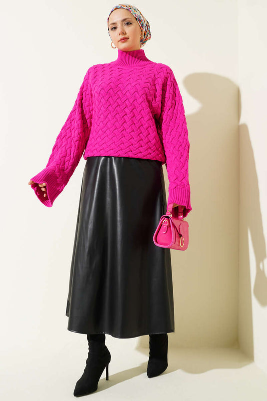 Embossed Bat Sleeve Knit Sweater Fuchsia