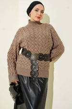 Pull en tricot à manches chauve-souris avec relief, couleur vison