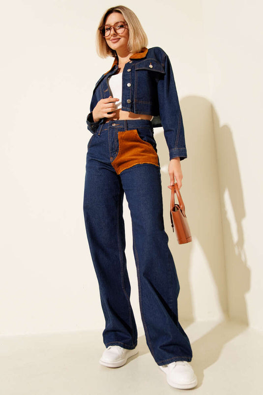 طقم جينز من قطعتين مع جاكيت قصير بتفاصيل مخملية، أزرق داكن