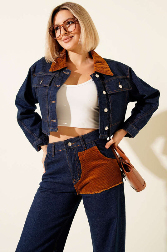 طقم جينز من قطعتين مع جاكيت قصير بتفاصيل مخملية، أزرق داكن