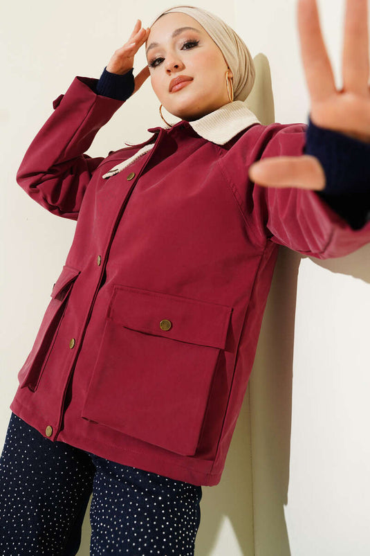 Kadife Gömlek Yaka Cepli Ceket Burgonya