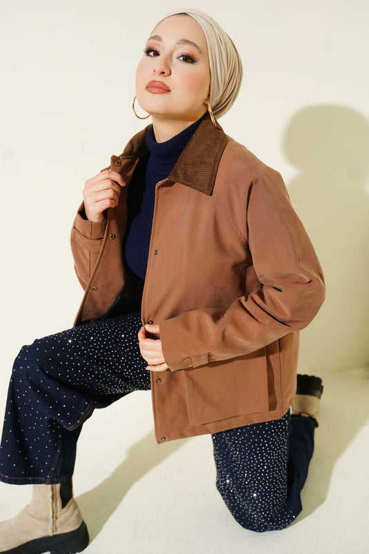 Kadife Gömlek Yaka Cepli Ceket Taba