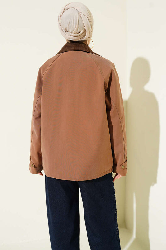 Kadife Gömlek Yaka Cepli Ceket Taba