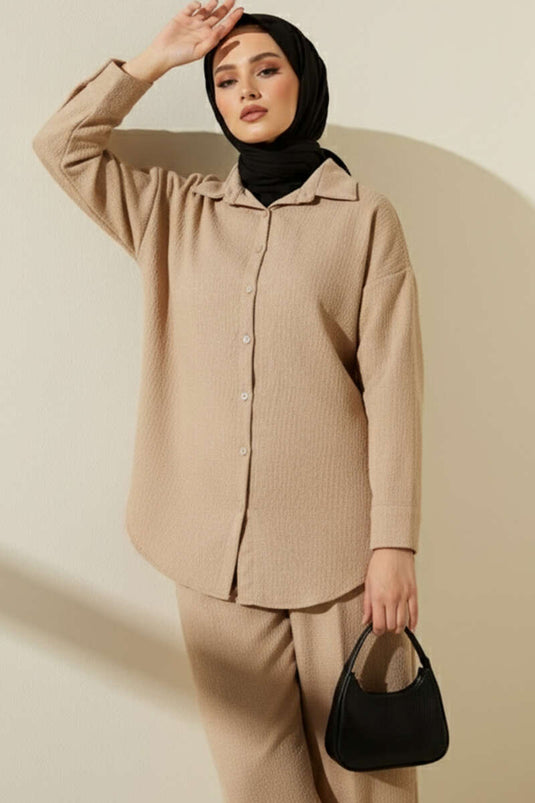 Velvet Fabric Fringed Two-Piece Set Beige