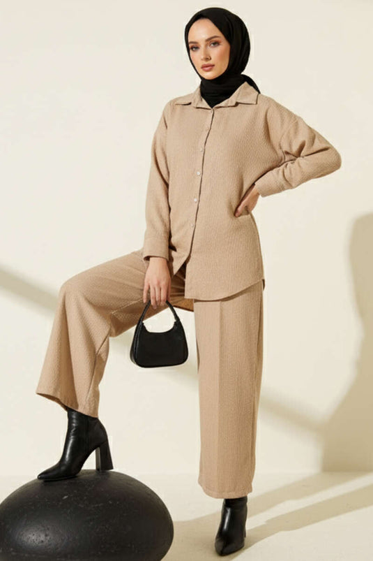 Velvet Fabric Fringed Two-Piece Set Beige