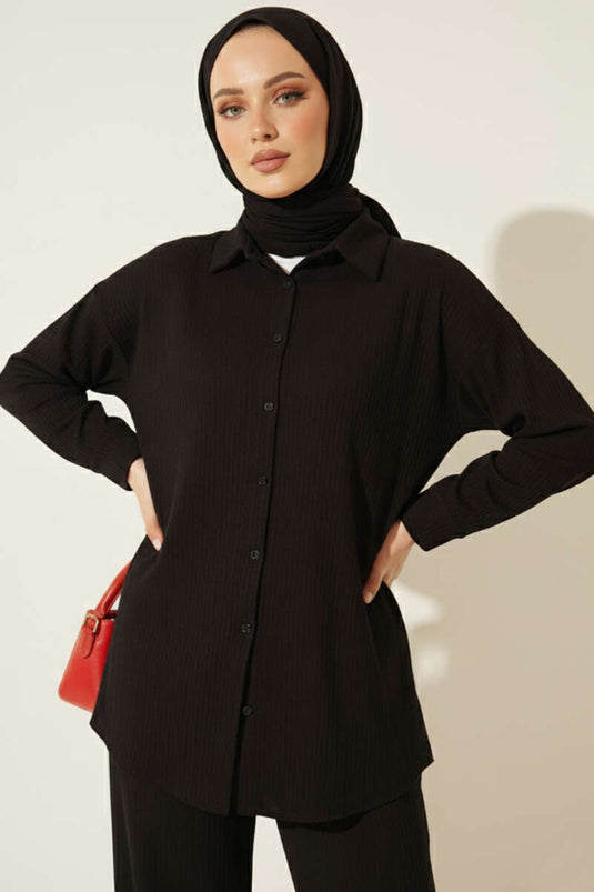 طقم مزدوج من قماش المخمل ذو الخصلات باللون الأسود