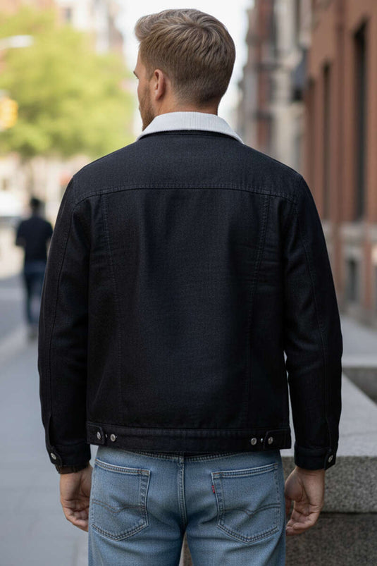 معطف جينز رجالي بياقة مخملية أسود