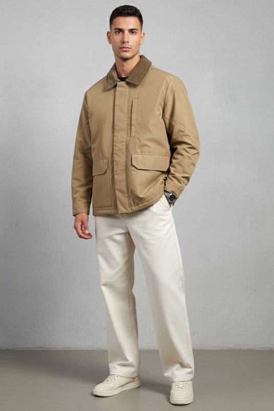 جاكيت رجالي بسحاب وياقة مخملية، لون جملي