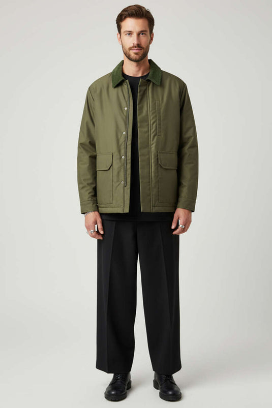 Velvet Collar Zip-Up Men's Jacket, Khaki