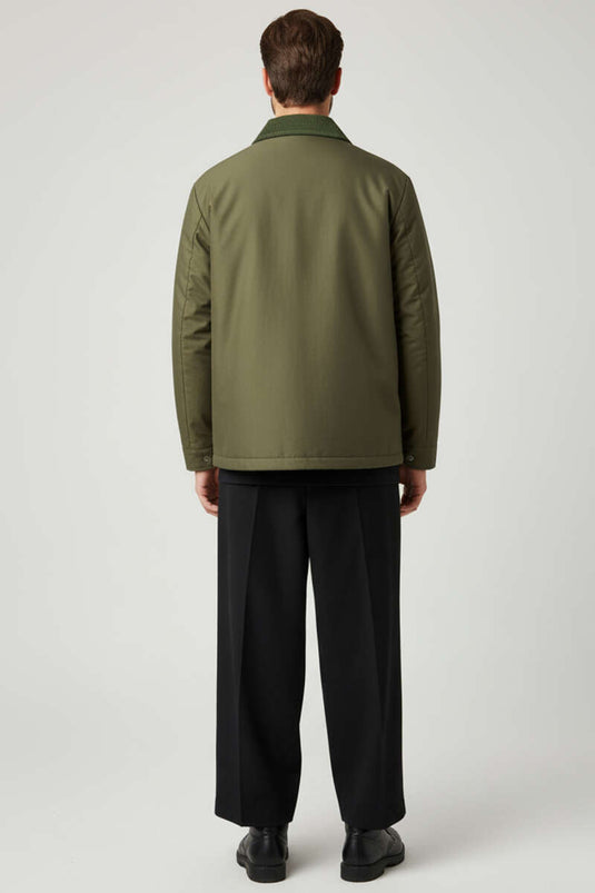 Velvet Collar Zip-Up Men's Jacket, Khaki