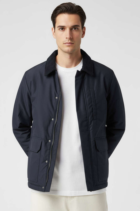 Velvet Collar Zip-Up Men's Jacket, Navy Blue