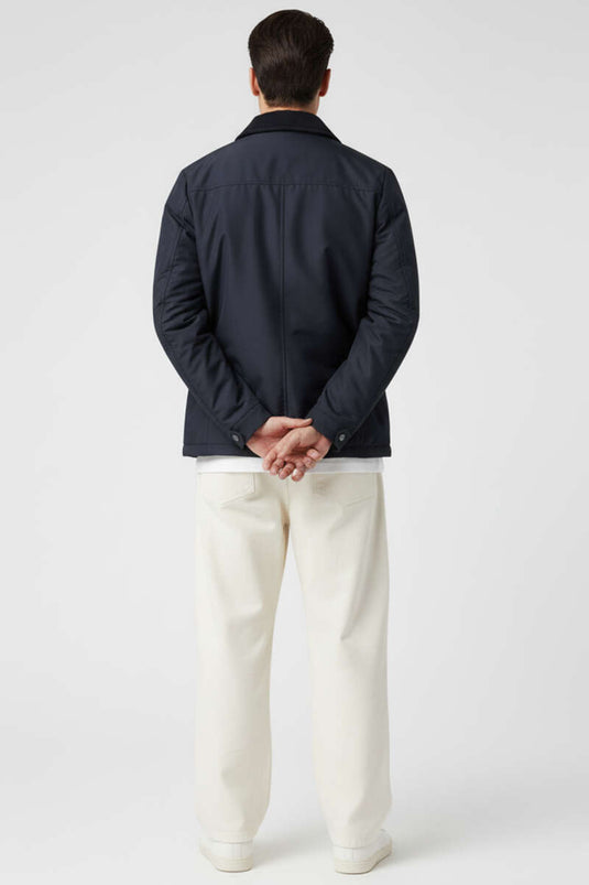 Velvet Collar Zip-Up Men's Jacket, Navy Blue