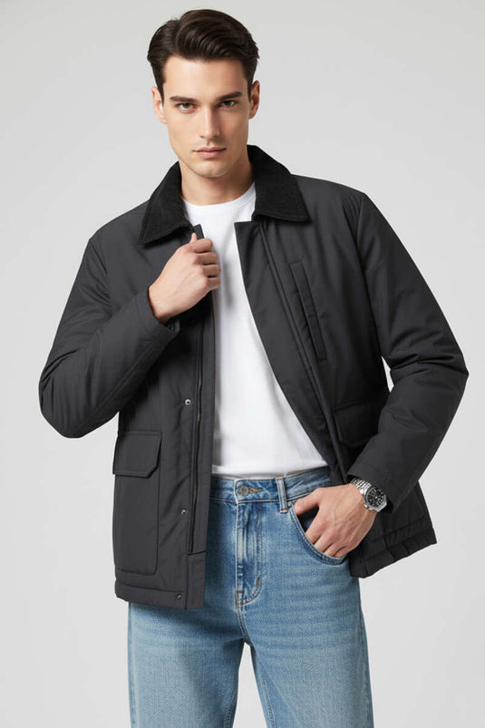 جاكيت رجالي أسود بياقة مخملية وسحاب أمامي