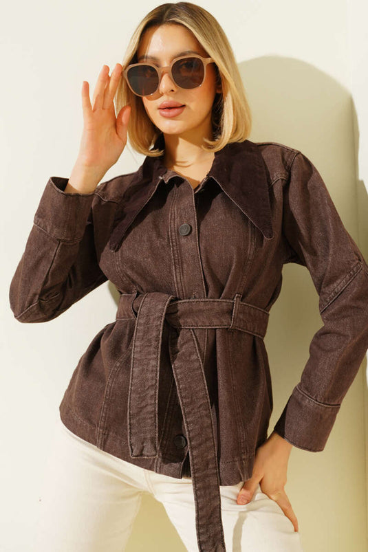 Velvet Collar Belted Short Denim Jacket Brown
