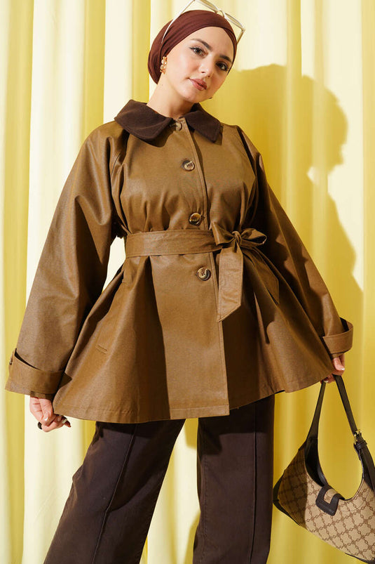 Velvet Collar Belted Trench Coat Camel
