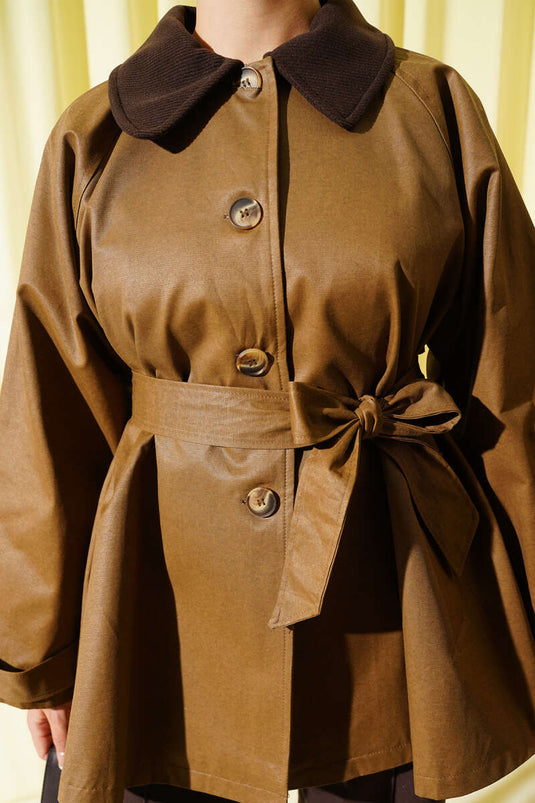 Velvet Collar Belted Trench Coat Camel