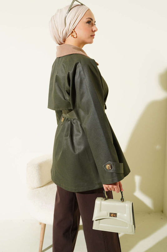 Trench-coat kaki à col en velours et ceinture