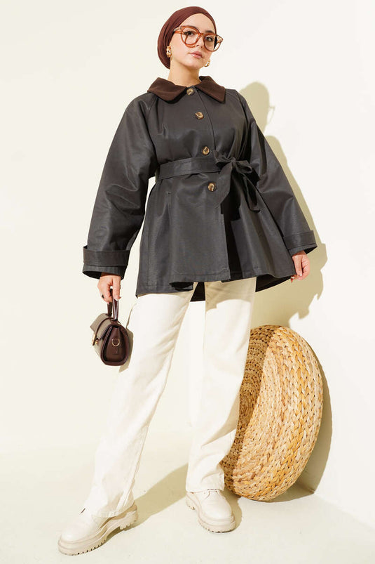 Trench-coat marron à col en velours et ceinture