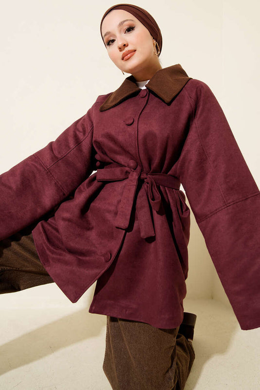 Velvet Collar Suede Belted Jacket Plum