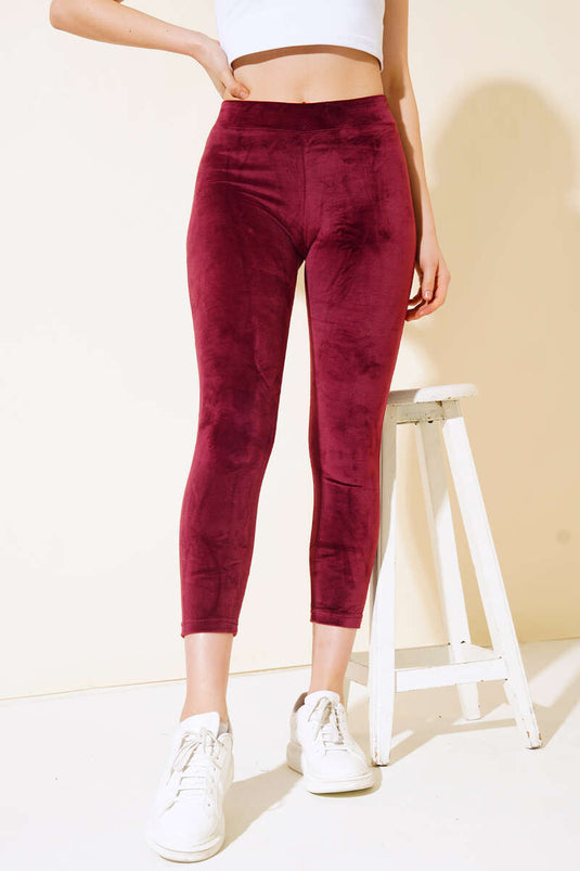 Samt-Leggings mit hoher Taille, Burgunderrot