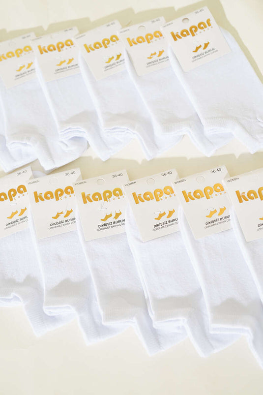 جوارب رياضية نسائية بيضاء اللون، عبوة من 12 زوجًا، بنقوش متنوعة