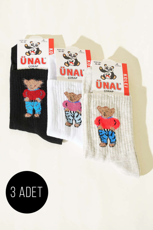 Kadın 3'lü Figürlü Yumoş Soket Çorap Asorti 2