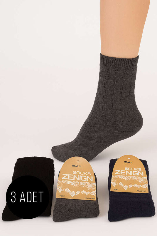 Kadın 3'lü Kare Desen Havlu Patik Çorap Asorti 1