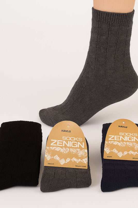 Kadın 3'lü Kare Desen Havlu Patik Çorap Asorti 1