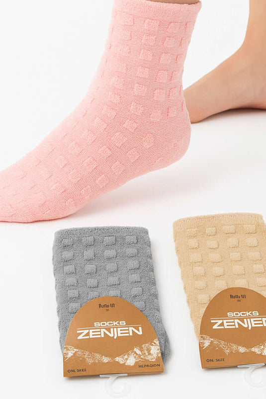 Kadın 3'lü Kare Desen Havlu Patik Çorap Asorti 2