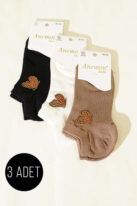 Chaussettes mini à détails pierres pour femme, lot de 3, assorties, taille 24