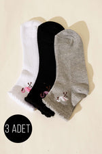 Lot de 3 chaussettes courtes à bord côtelé avec broderie, assortiment 3