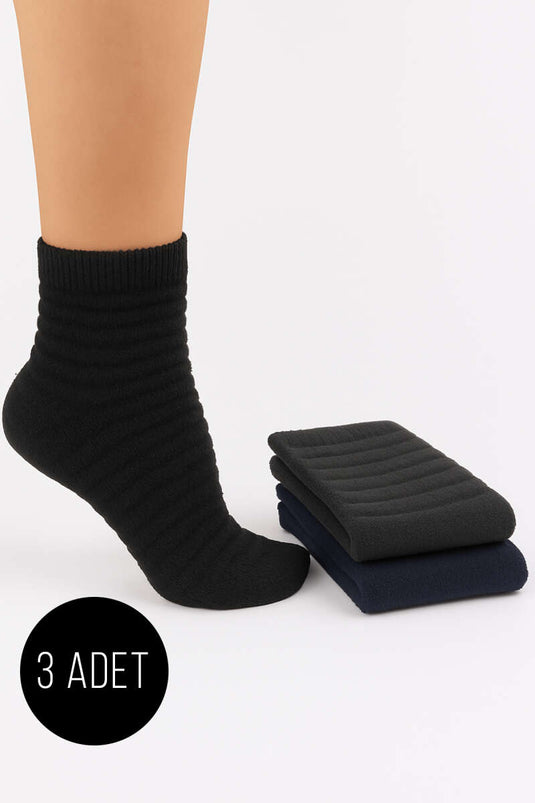Kadın 3'lü Şeritli Havlu Patik Çorap Asorti 1