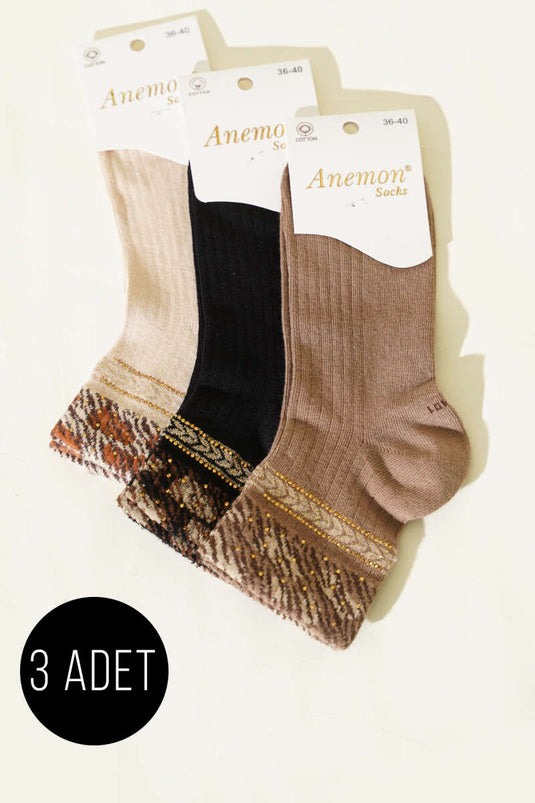 مجموعة نسائية من 3 جوارب قصيرة بحافة مزينة بالأحجار متنوعة 12