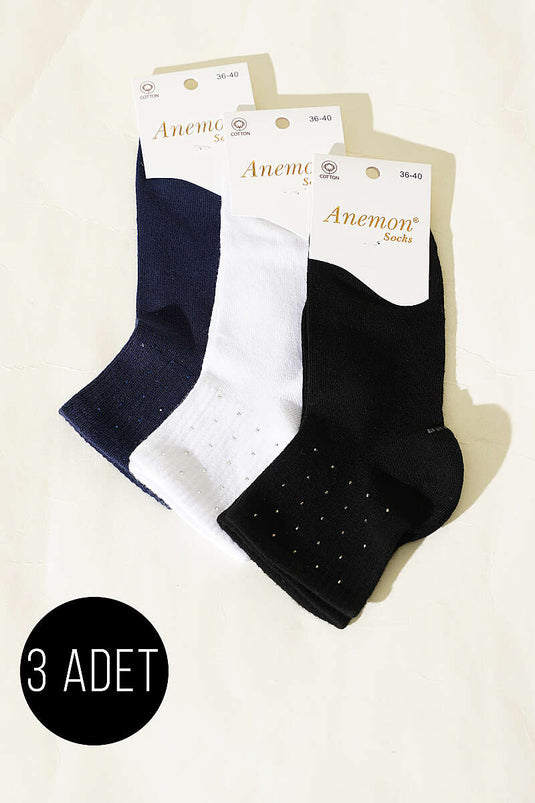 Calze corte con polsino e dettagli in pietra, set da 3 pezzi donna assortiti 19