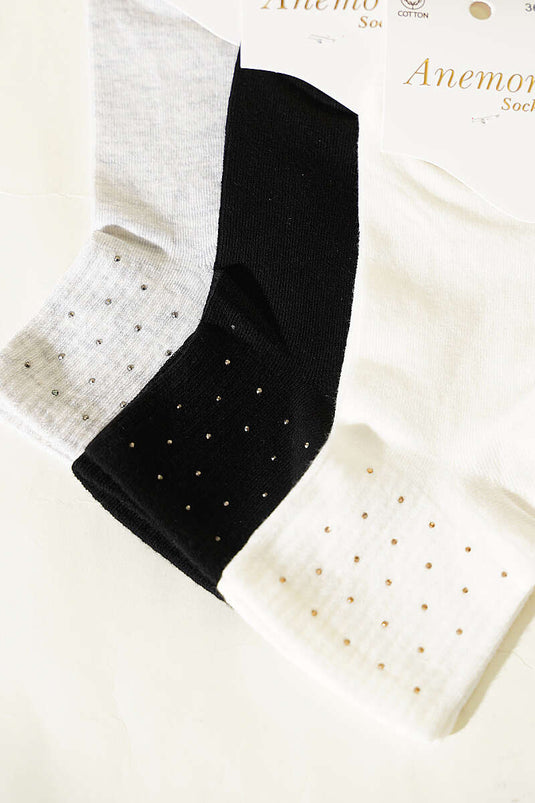 Women's 3-Pack Short Cuff Socks with Stone Details Assorted 20