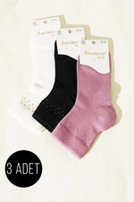 Chaussettes courtes à bord côtelé avec détails en pierre pour femme, lot de 3, assorties 24