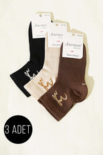 Chaussettes courtes à bord côtelé avec détails en pierres pour femme, lot de 3, assorties 25