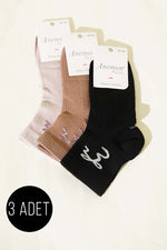 Chaussettes courtes à bord côtelé avec détails en pierre pour femme, lot de 3, assorties 26