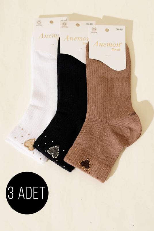 Chaussettes courtes à revers avec détails en pierre pour femme, lot de 3, assortiment 4