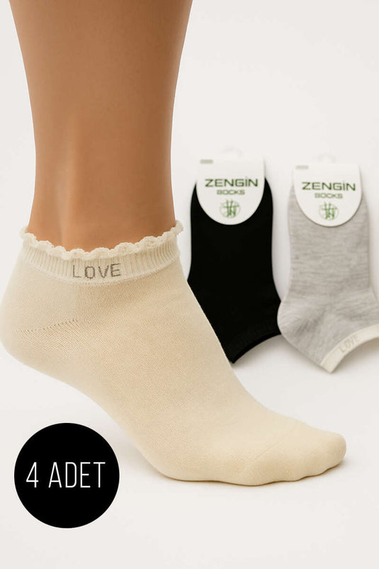 Dames enkelsokken met ruches (4 stuks, assortiment)