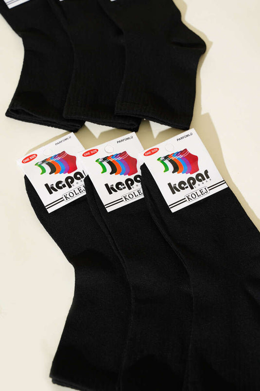 6er-Packung einfarbige College-Socken für Damen, schwarz