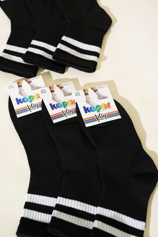 6er-Pack gestreifte College-Socken für Damen, Schwarz