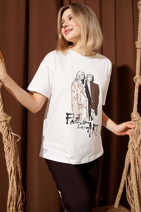 T-shirt écru avec motif silhouette féminine