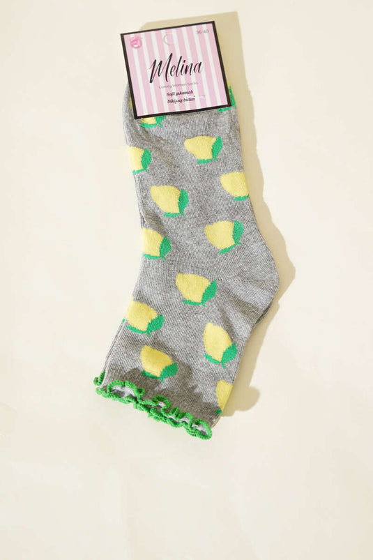 جوارب نسائية رمادية اللون بنقشة فواكه