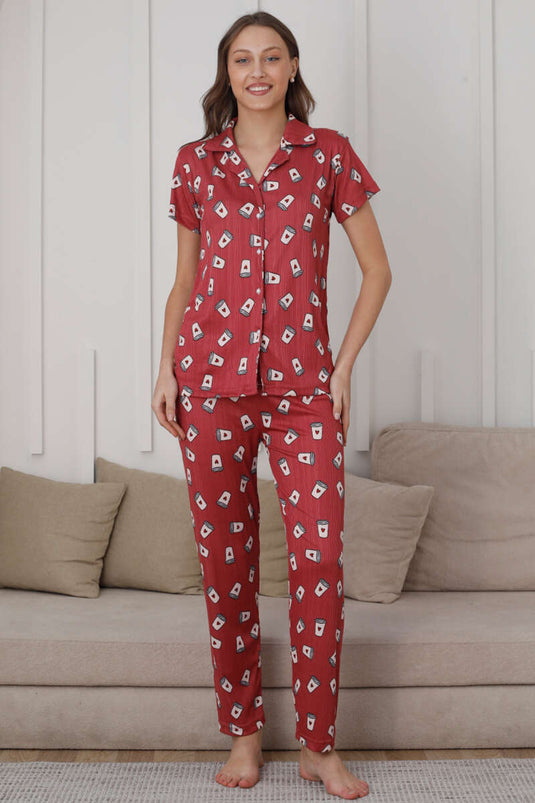 Ensemble pyjama boutonné à motif tasse à café magenta