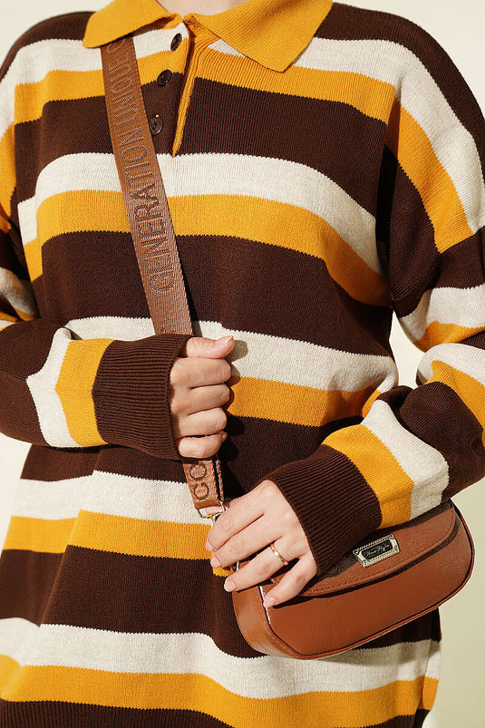 Tunique En Maille Épaisse À Rayures Et Boutons, Moutarde