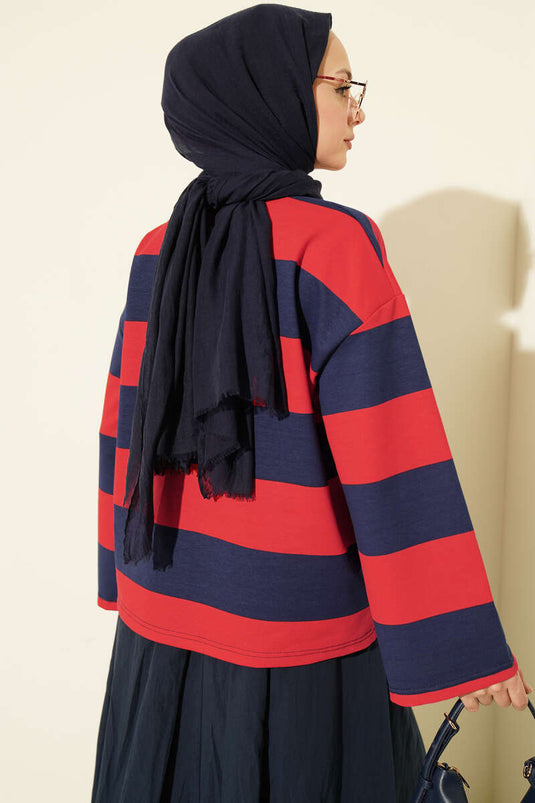 Dikke Gestreepte Dubbelbrei Tunik Navy