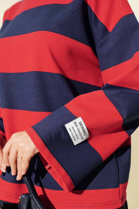 Dikke Gestreepte Dubbelbrei Tunik Navy